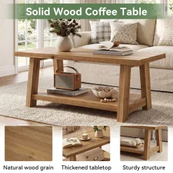 Solid Wood Coffee Table, 2-Tier Rectangle Center Table with Lower Storage Shelf
