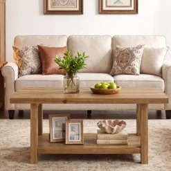 Solid Wood Coffee Table, 2-Tier Rectangle Center Table with Lower Storage Shelf
