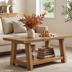 Solid Wood Coffee Table, 2-Tier Rectangle Center Table with Lower Storage Shelf
