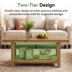 Solid Wood Coffee Table, 2-Tier Rectangle Center Table with Lower Storage Shelf
