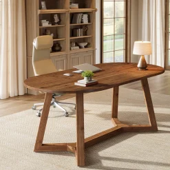 Solid Wood Computer Desk, 63" Oval Executive Desk with Sturdy Tapered Legs