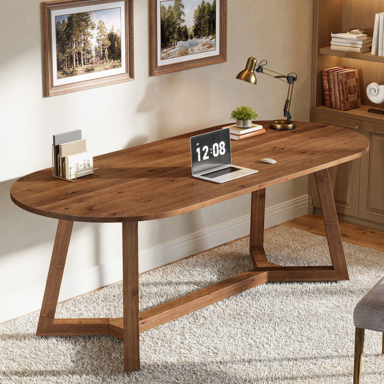 Solid Wood Computer Desk, 63" Oval Executive Desk with Sturdy Tapered Legs