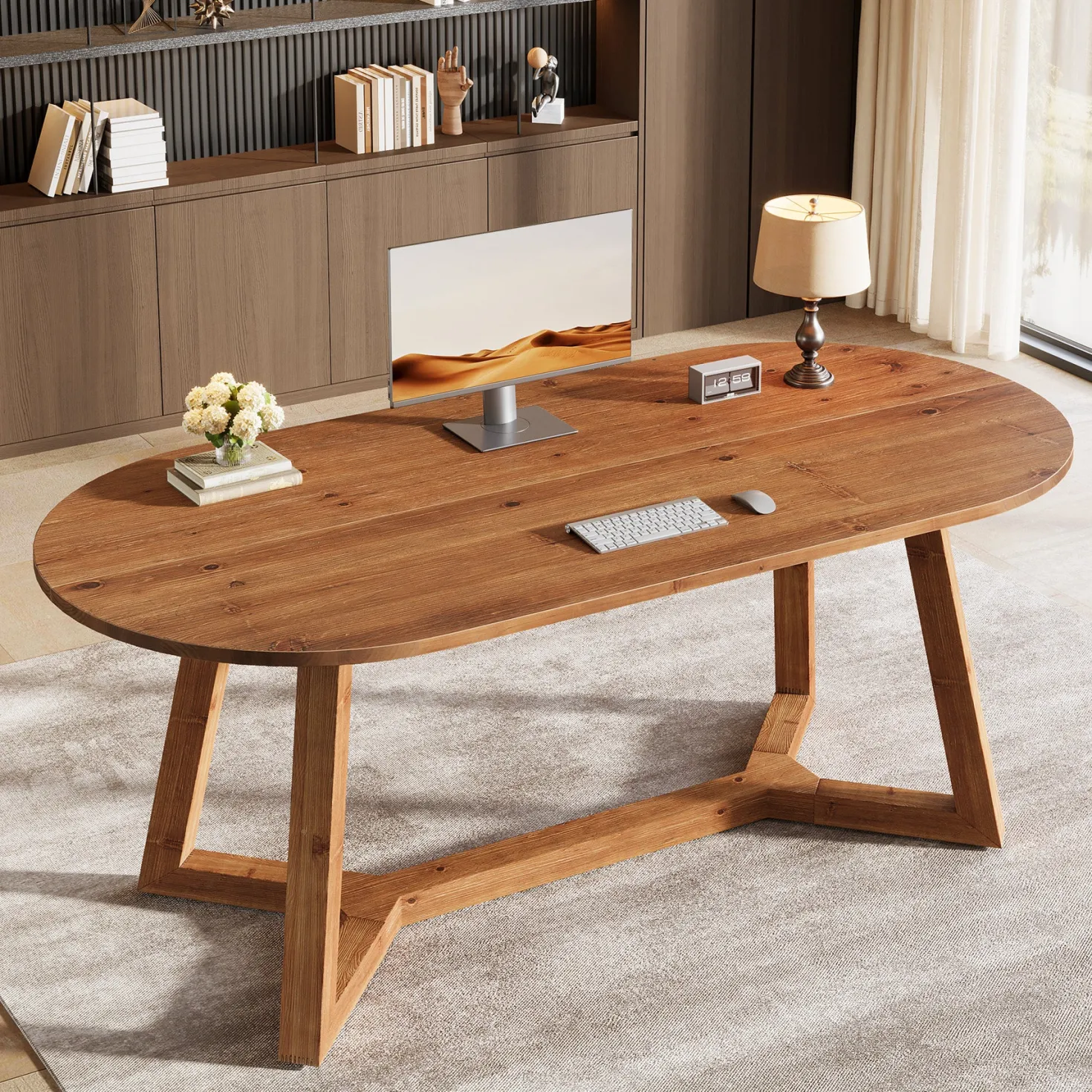 Solid Wood Computer Desk, 63" Oval Executive Desk with Sturdy Tapered Legs