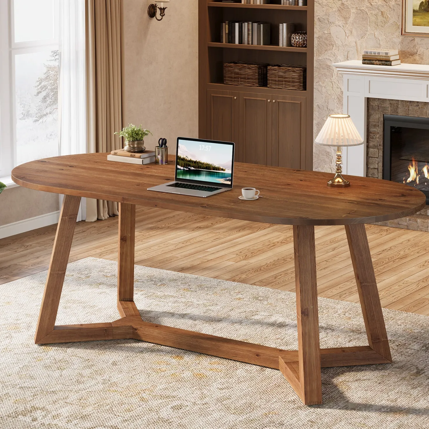 Solid Wood Computer Desk, 63" Oval Executive Desk with Sturdy Tapered Legs