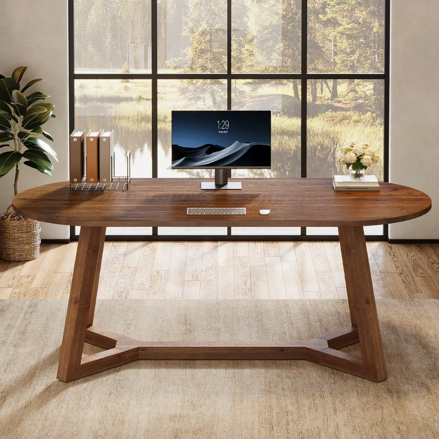 Solid Wood Computer Desk, 63" Oval Executive Desk with Sturdy Tapered Legs
