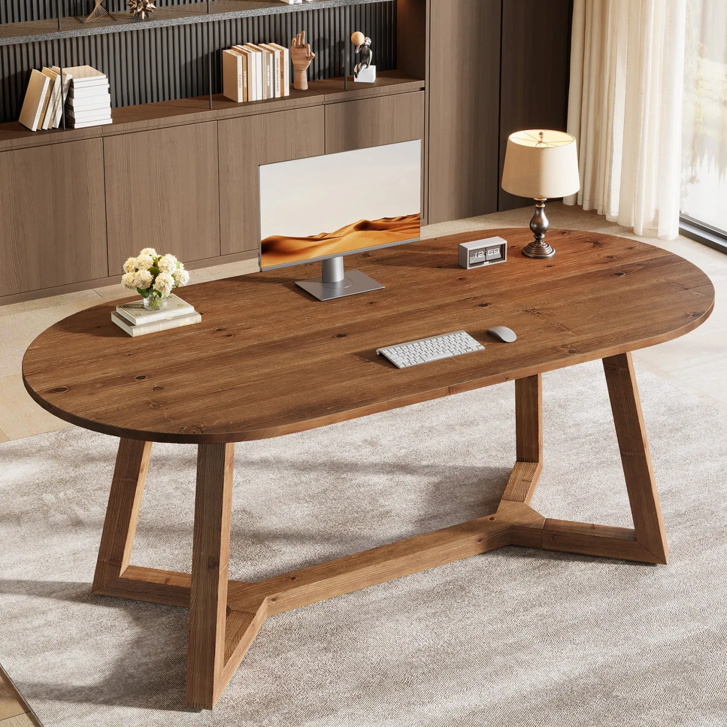 Solid Wood Computer Desk, 63" Oval Executive Desk with Sturdy Tapered Legs