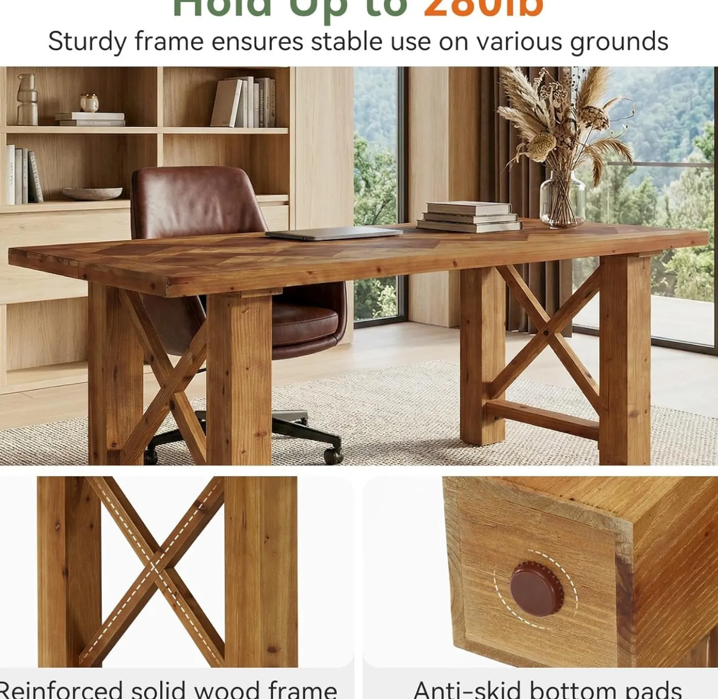 Solid Wood Computer Desk, 63" Executive Office Desk with Parquet Top