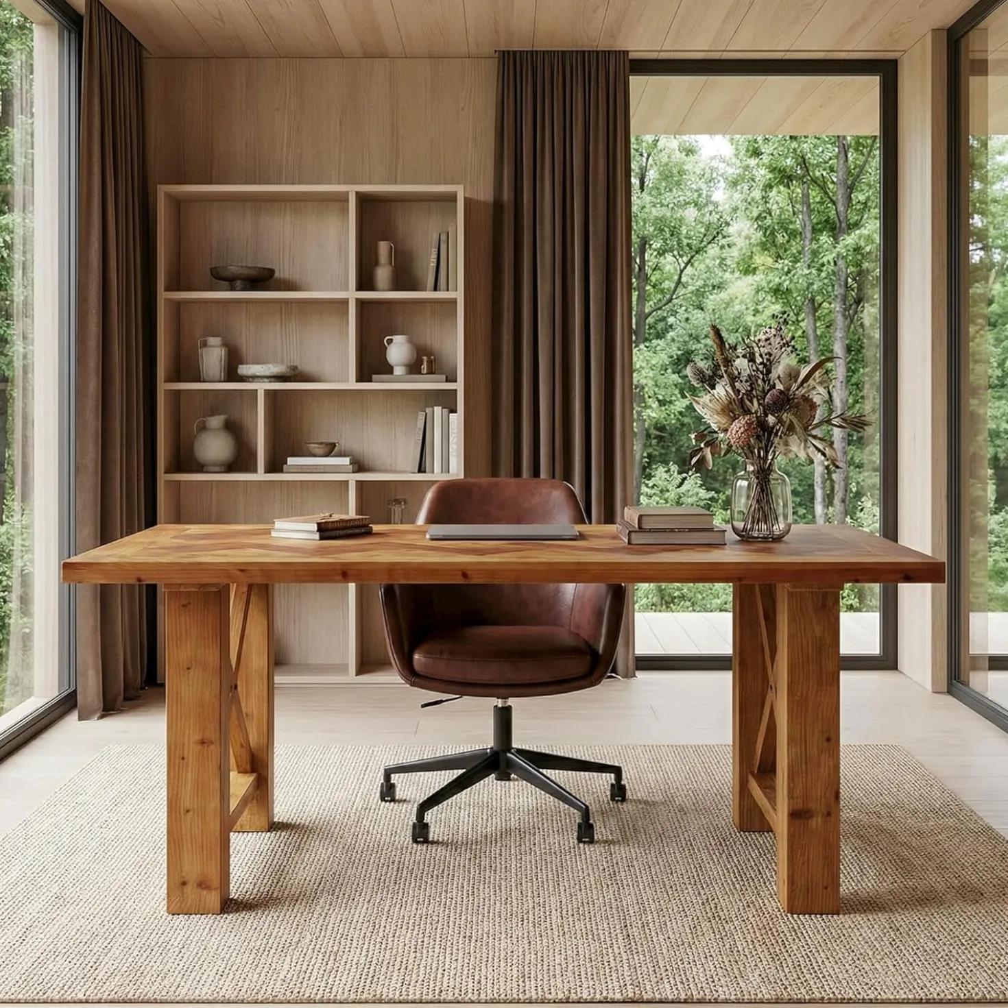 Solid Wood Computer Desk, 63" Executive Office Desk with Parquet Top