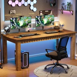Solid Wood Computer Desk, 63" Home Office Desk with Sturdy Legs