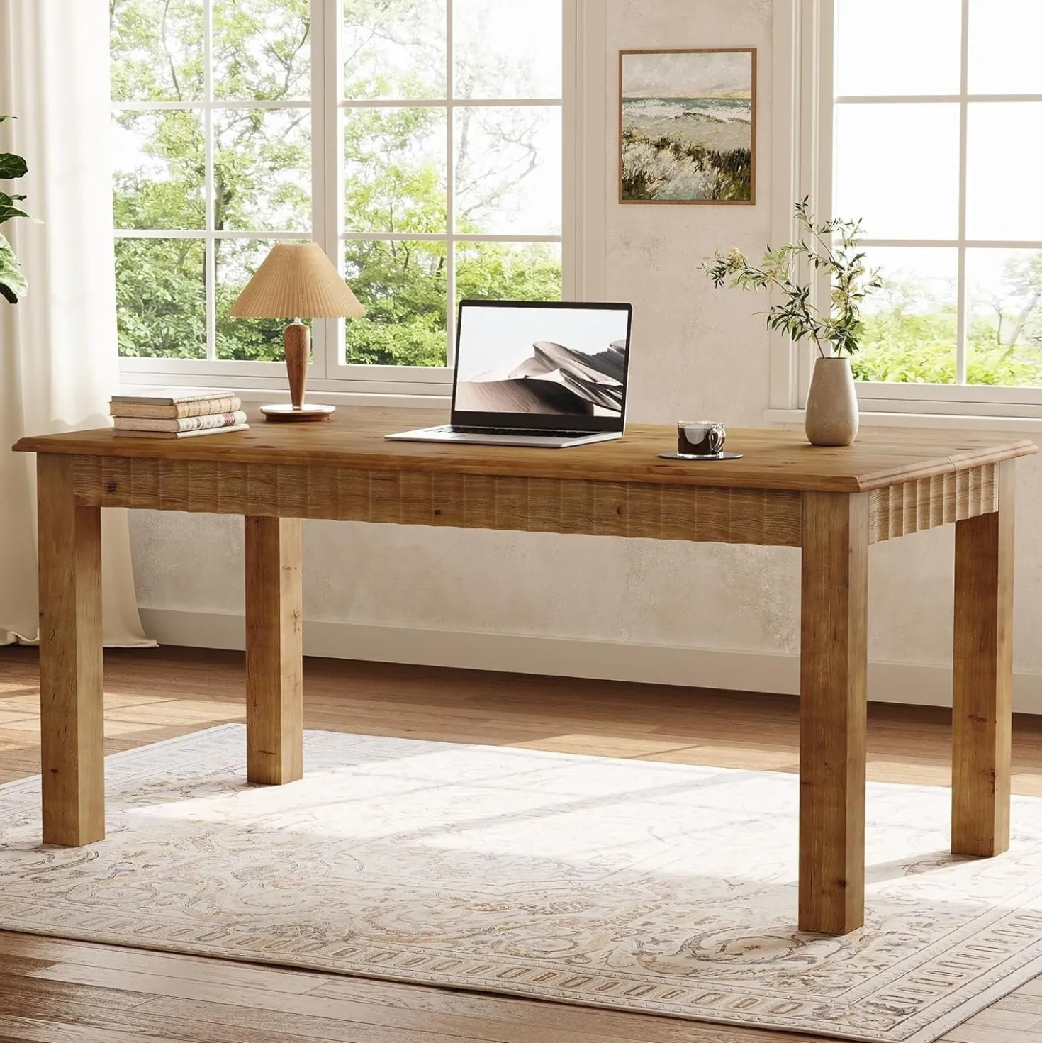 Solid Wood Computer Desk, 63" Home Office Desk with Sturdy Legs