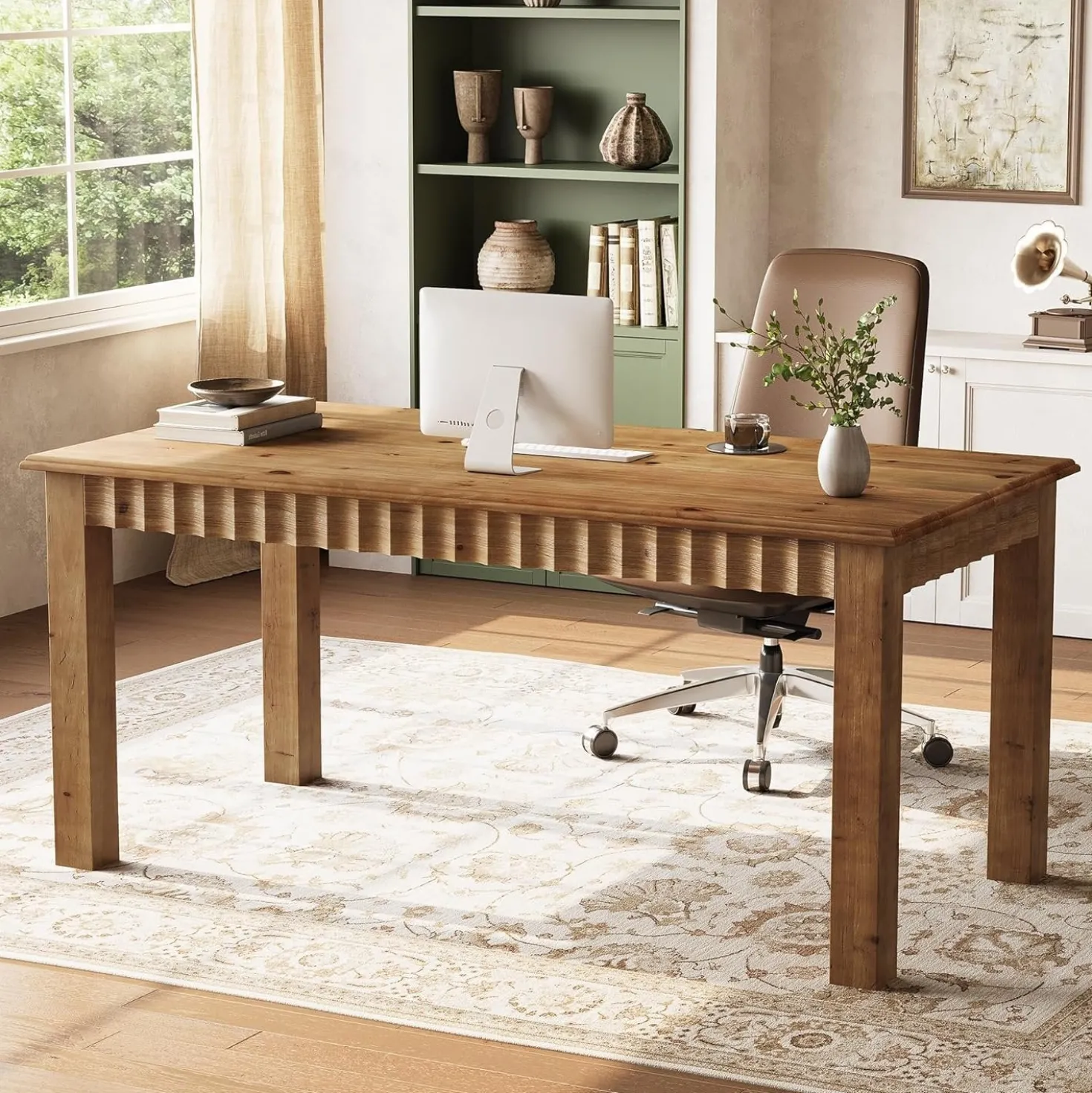 Solid Wood Computer Desk, 63" Home Office Desk with Sturdy Legs
