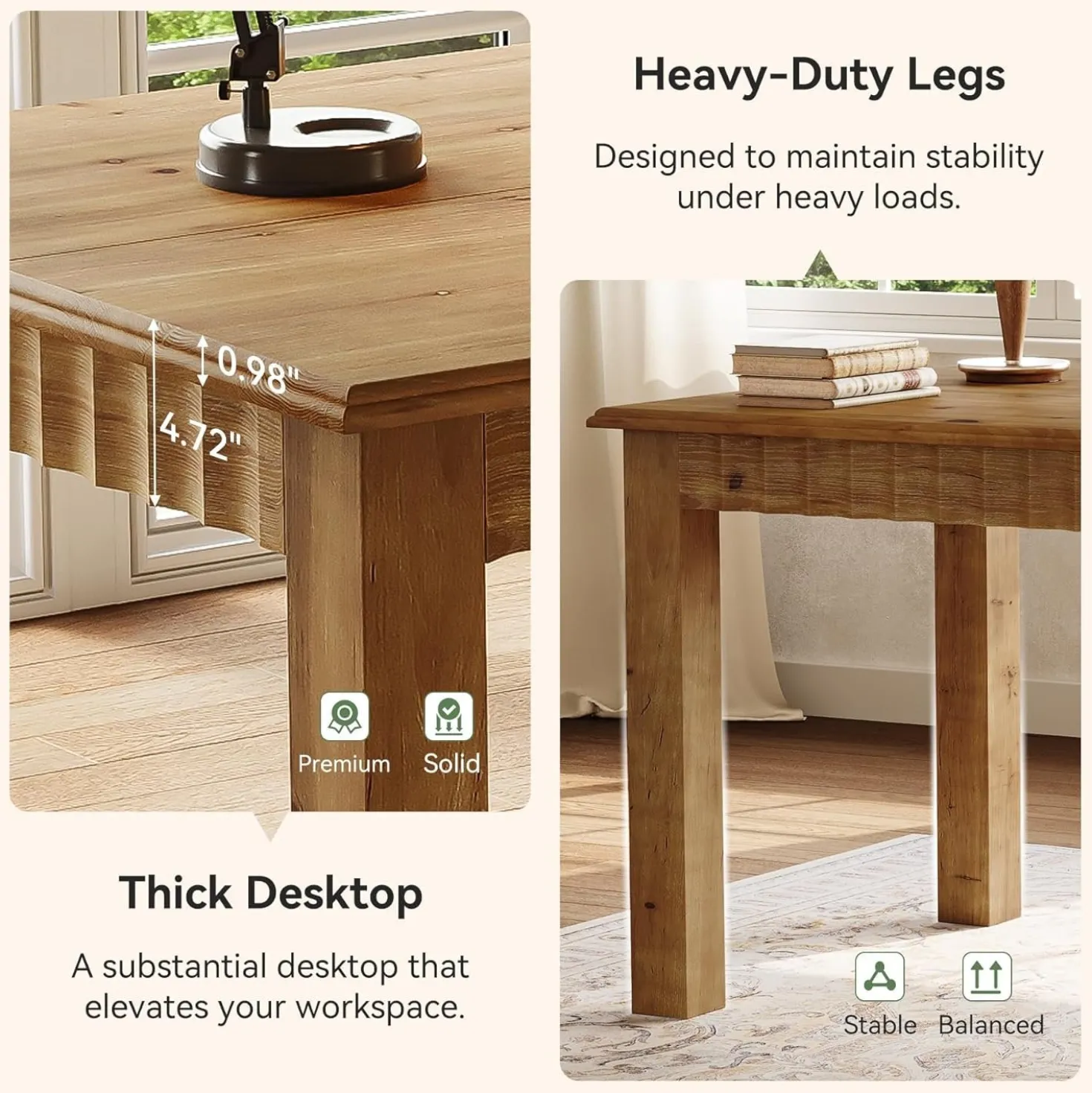 Solid Wood Computer Desk, 63" Home Office Desk with Sturdy Legs
