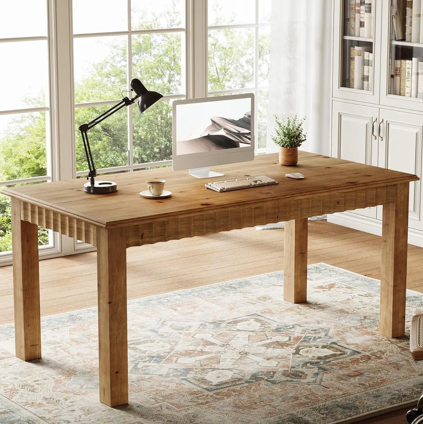Solid Wood Computer Desk, 63" Home Office Desk with Sturdy Legs