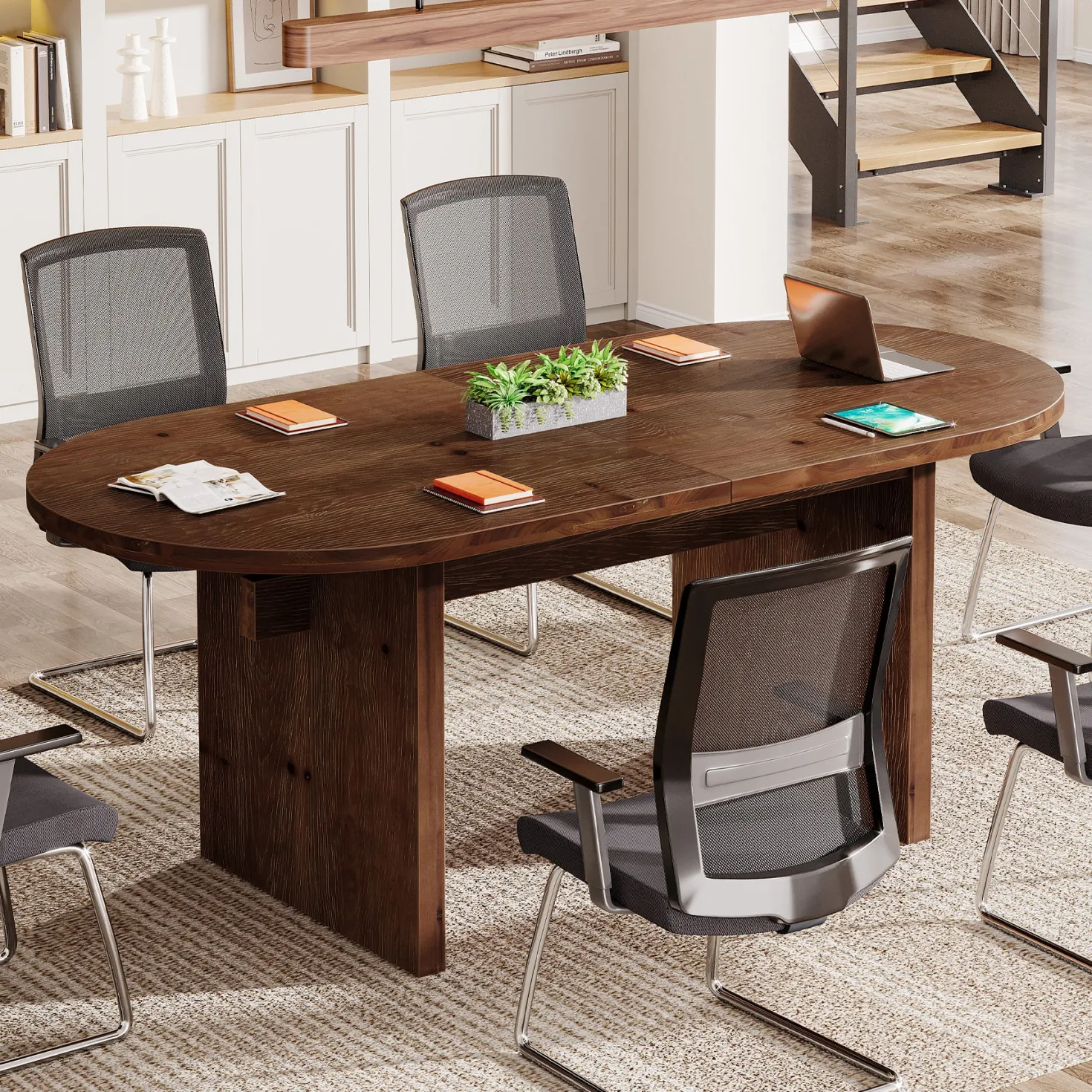 Solid Wood Conference Table, 63" Oval Executive Desks with Wood Base