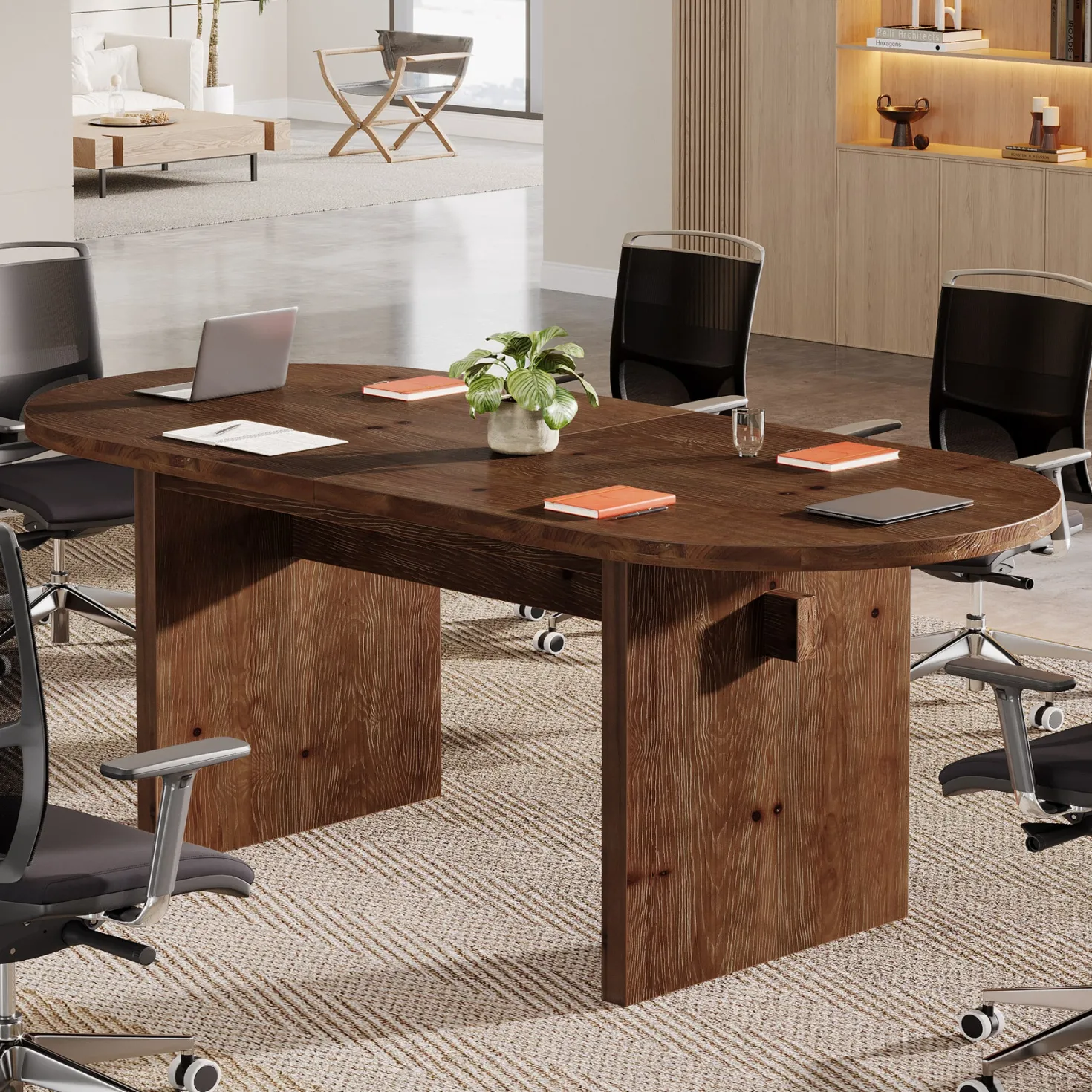 Solid Wood Conference Table, 63" Oval Executive Desks with Wood Base
