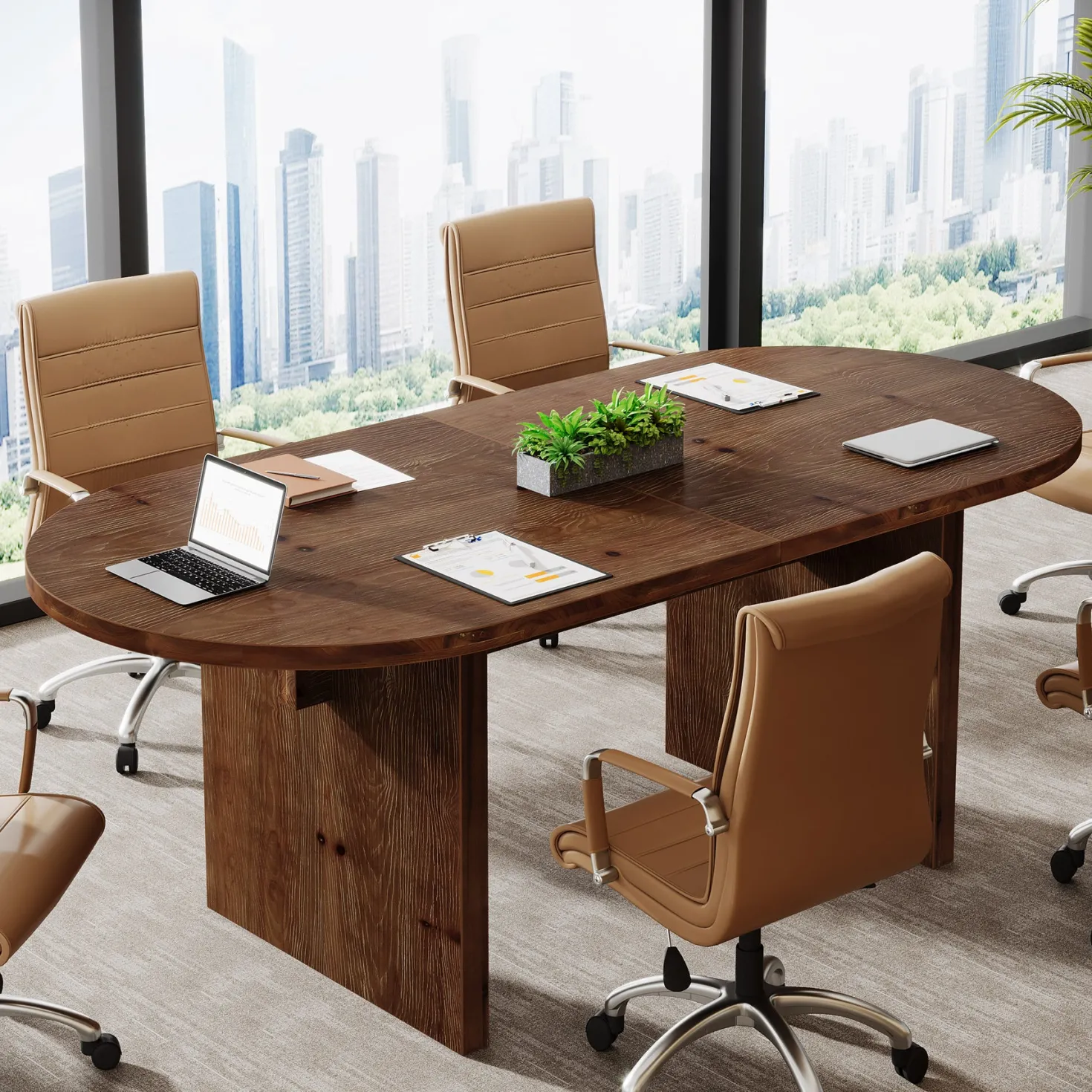Solid Wood Conference Table, 63" Oval Executive Desks with Wood Base