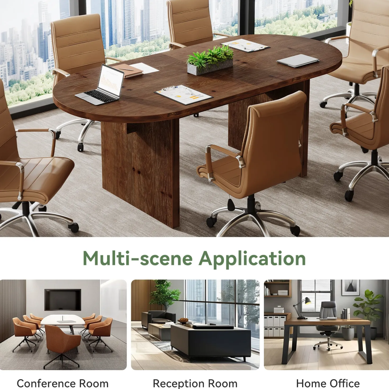 Solid Wood Conference Table, 63" Oval Executive Desks with Wood Base