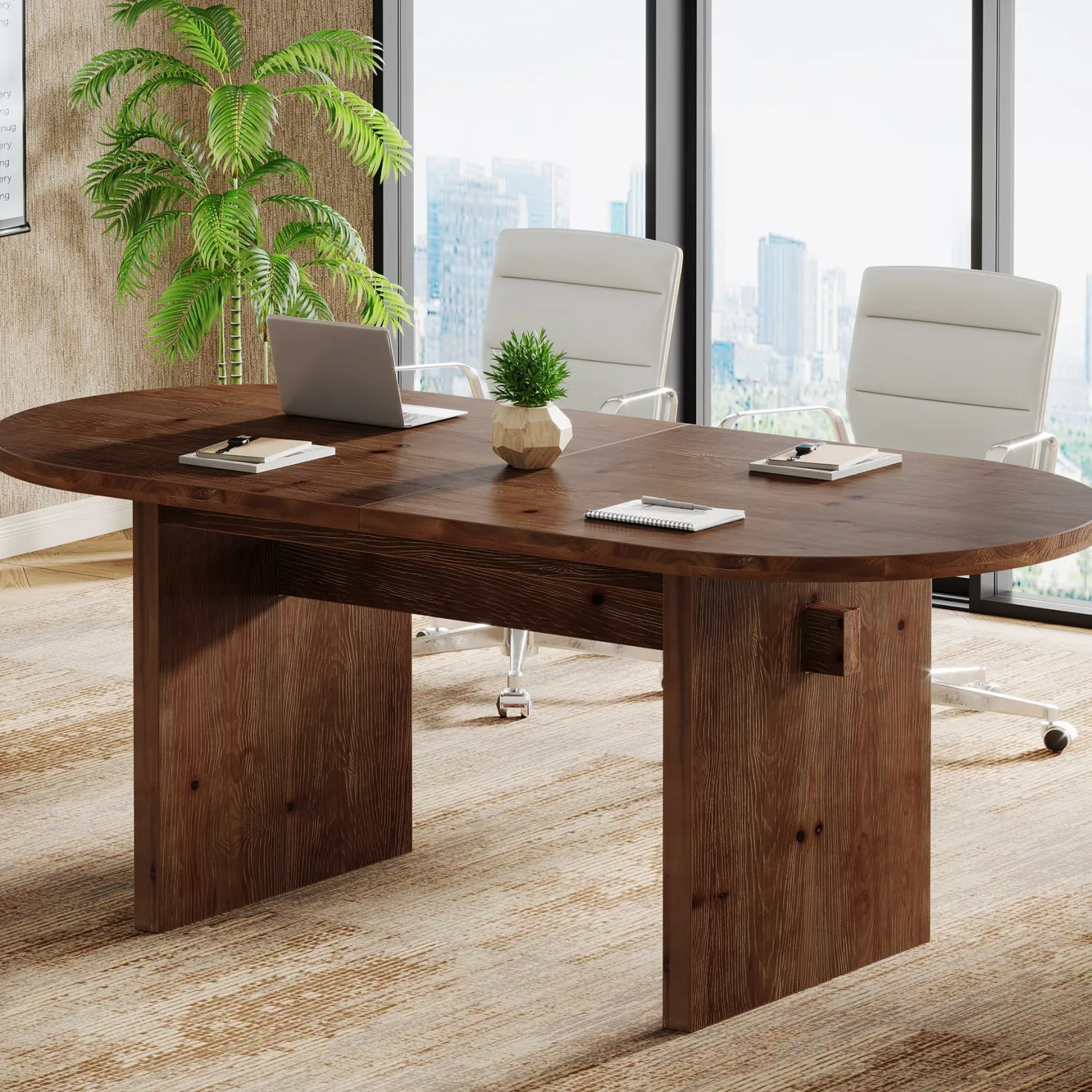 Solid Wood Conference Table, 63" Oval Executive Desks with Wood Base