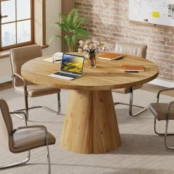 Solid Wood Conference Table, 47.24" Round Meeting Table for 4-6 People