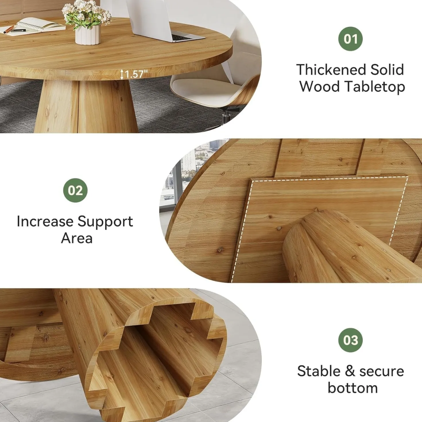 Solid Wood Conference Table, 47.24" Round Meeting Table for 4-6 People