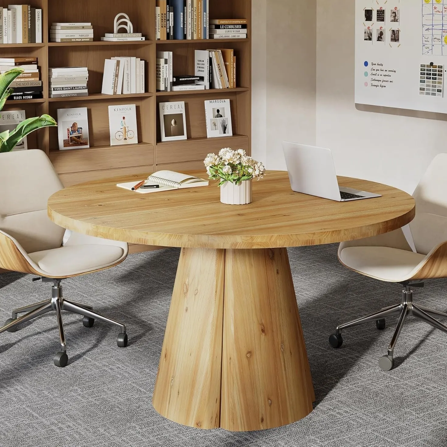 Solid Wood Conference Table, 47.24" Round Meeting Table for 4-6 People