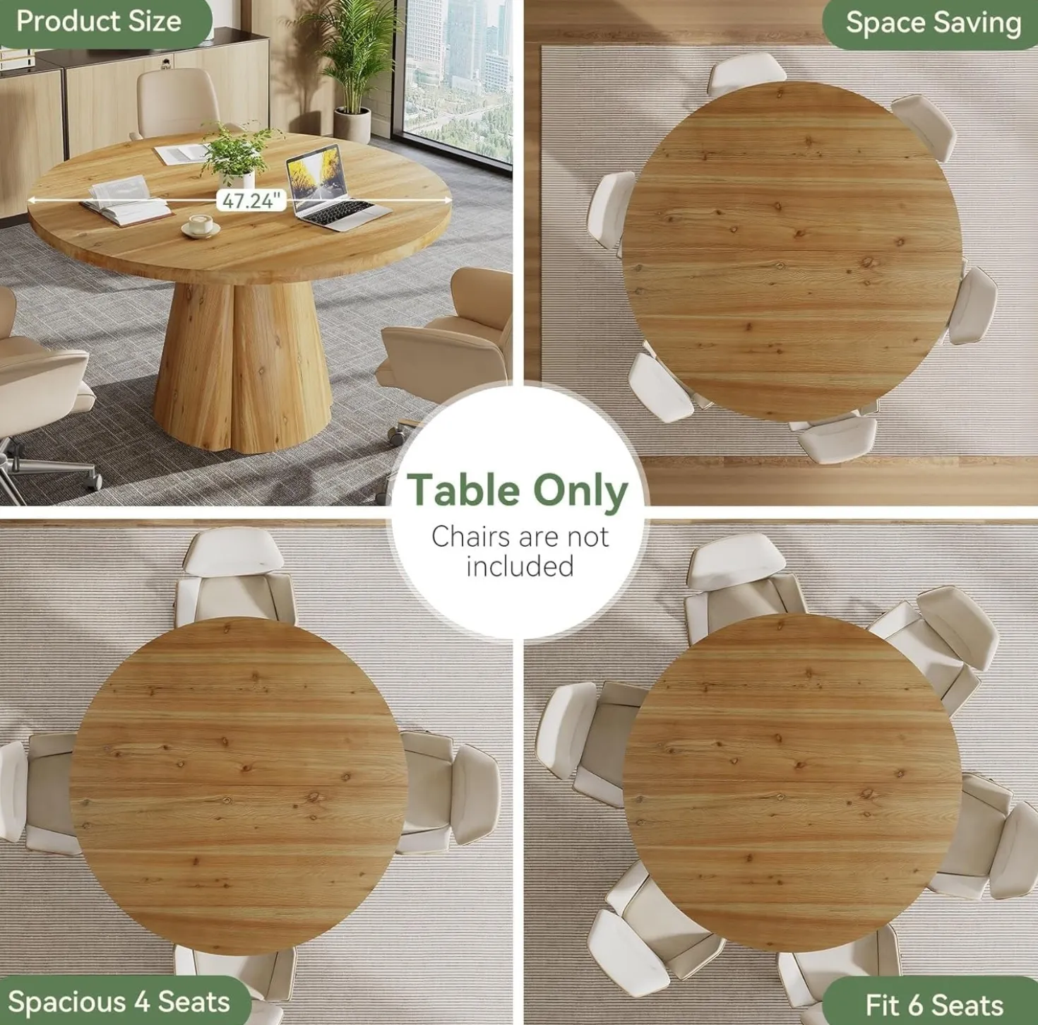 Solid Wood Conference Table, 47.24" Round Meeting Table for 4-6 People