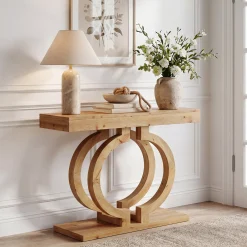 Solid Wood Console Table, 43.3" Entryway Sofa Table with Double-Circle Base for Hallway