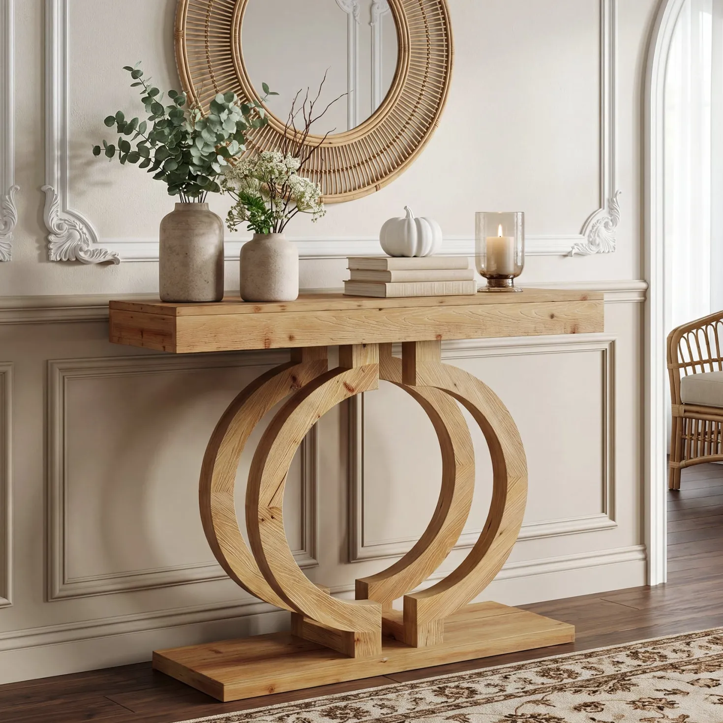 Solid Wood Console Table, 43.3" Entryway Sofa Table with Double-Circle Base for Hallway