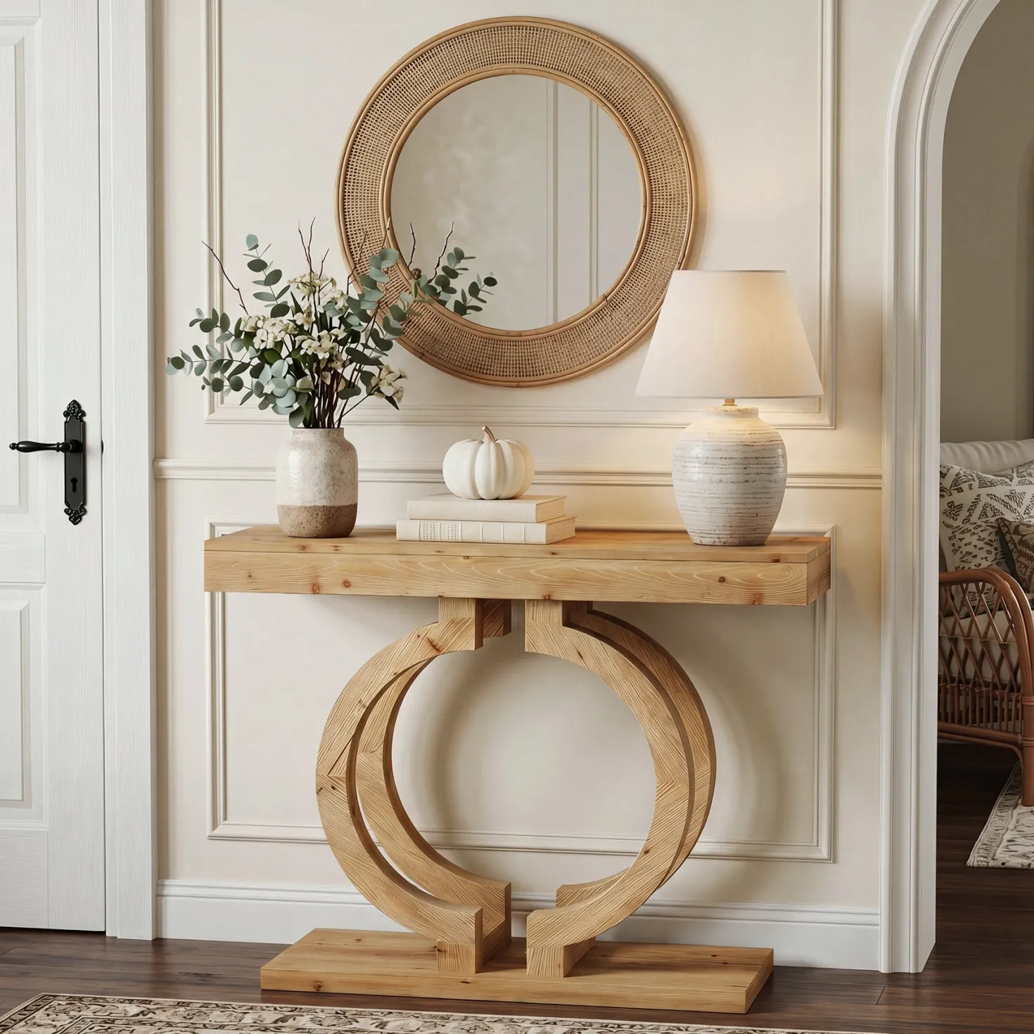 Solid Wood Console Table, 43.3" Entryway Sofa Table with Double-Circle Base for Hallway