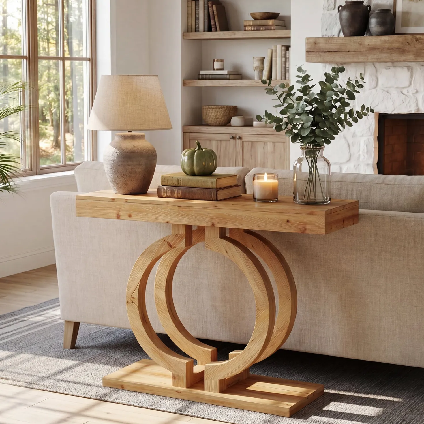 Solid Wood Console Table, 43.3" Entryway Sofa Table with Double-Circle Base for Hallway