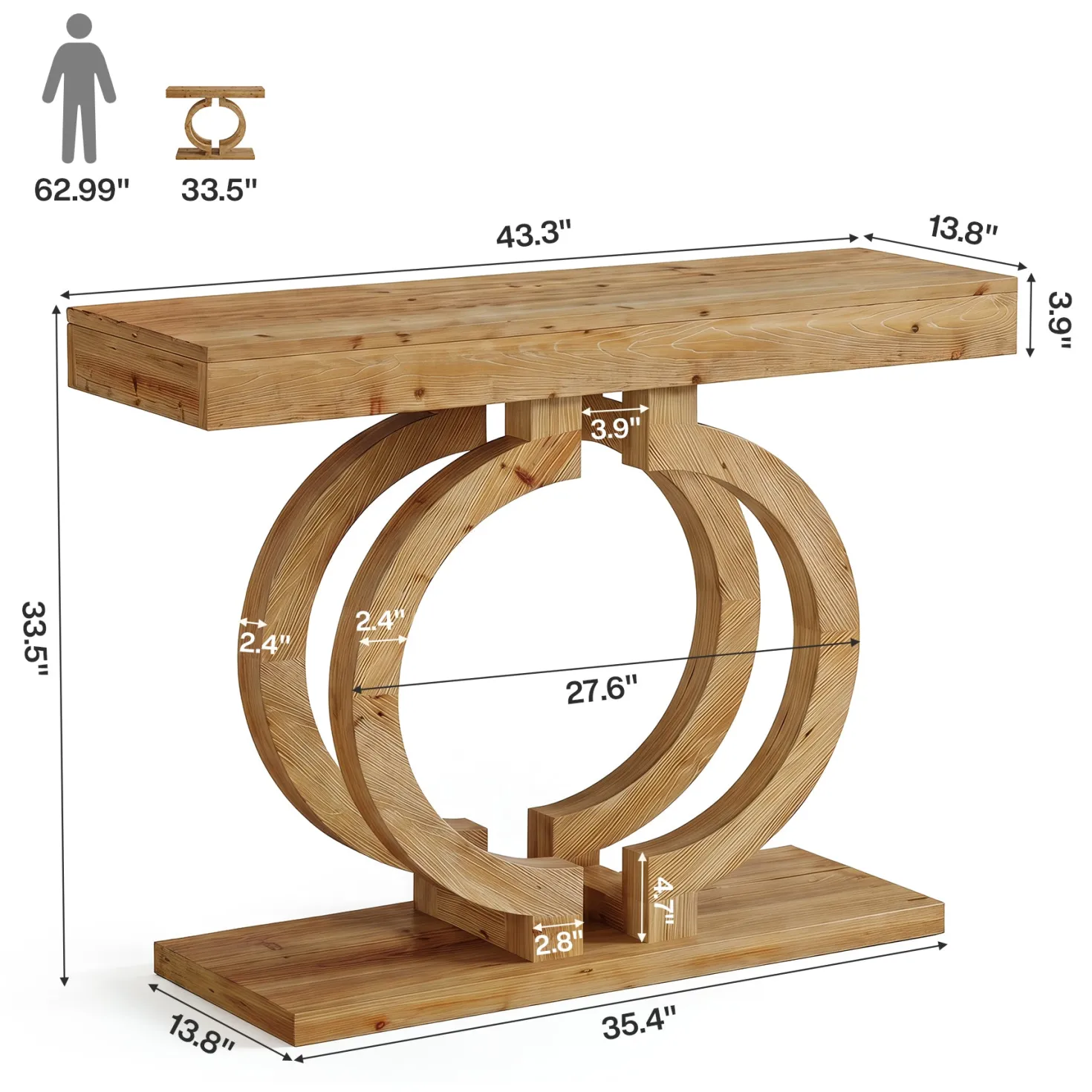 Solid Wood Console Table, 43.3" Entryway Sofa Table with Double-Circle Base for Hallway