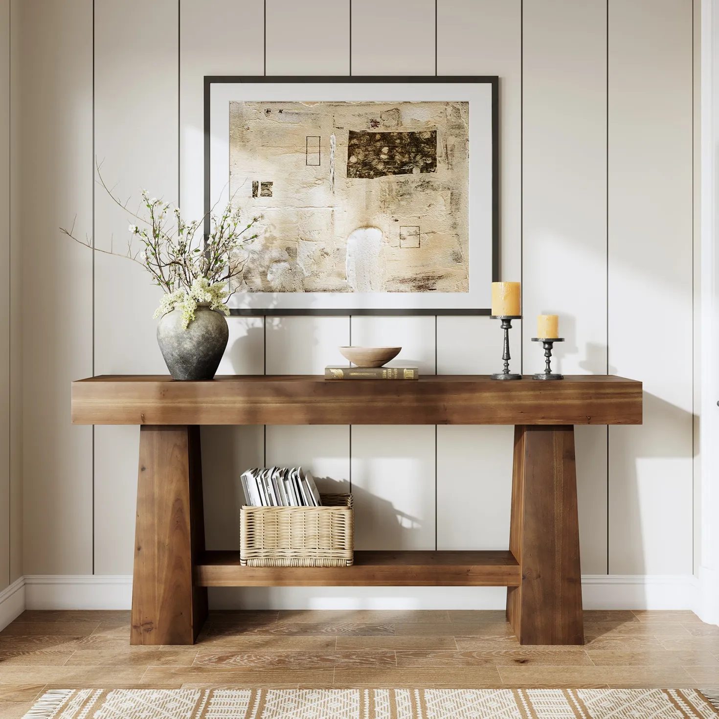 Solid Wood Console Table, 63" Wooden Entryway Sofa Table with Storage