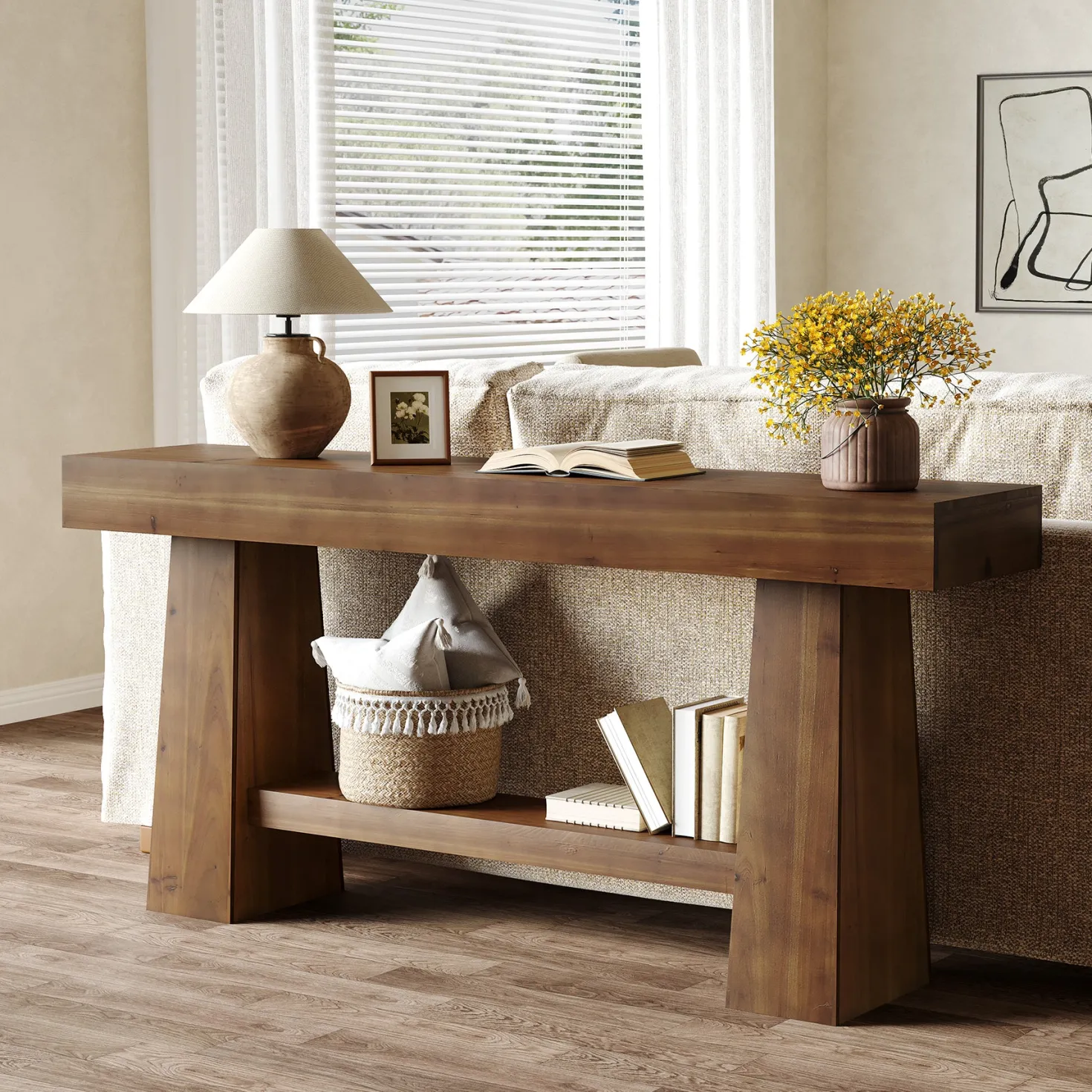 Solid Wood Console Table, 63" Wooden Entryway Sofa Table with Storage