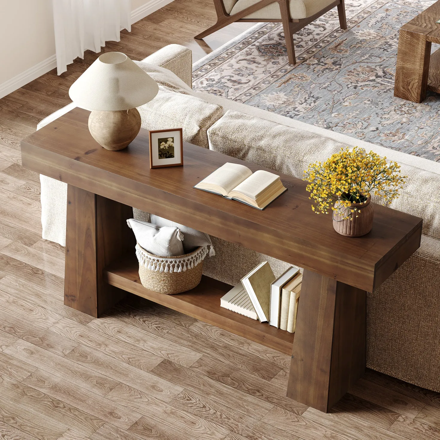 Solid Wood Console Table, 63" Wooden Entryway Sofa Table with Storage