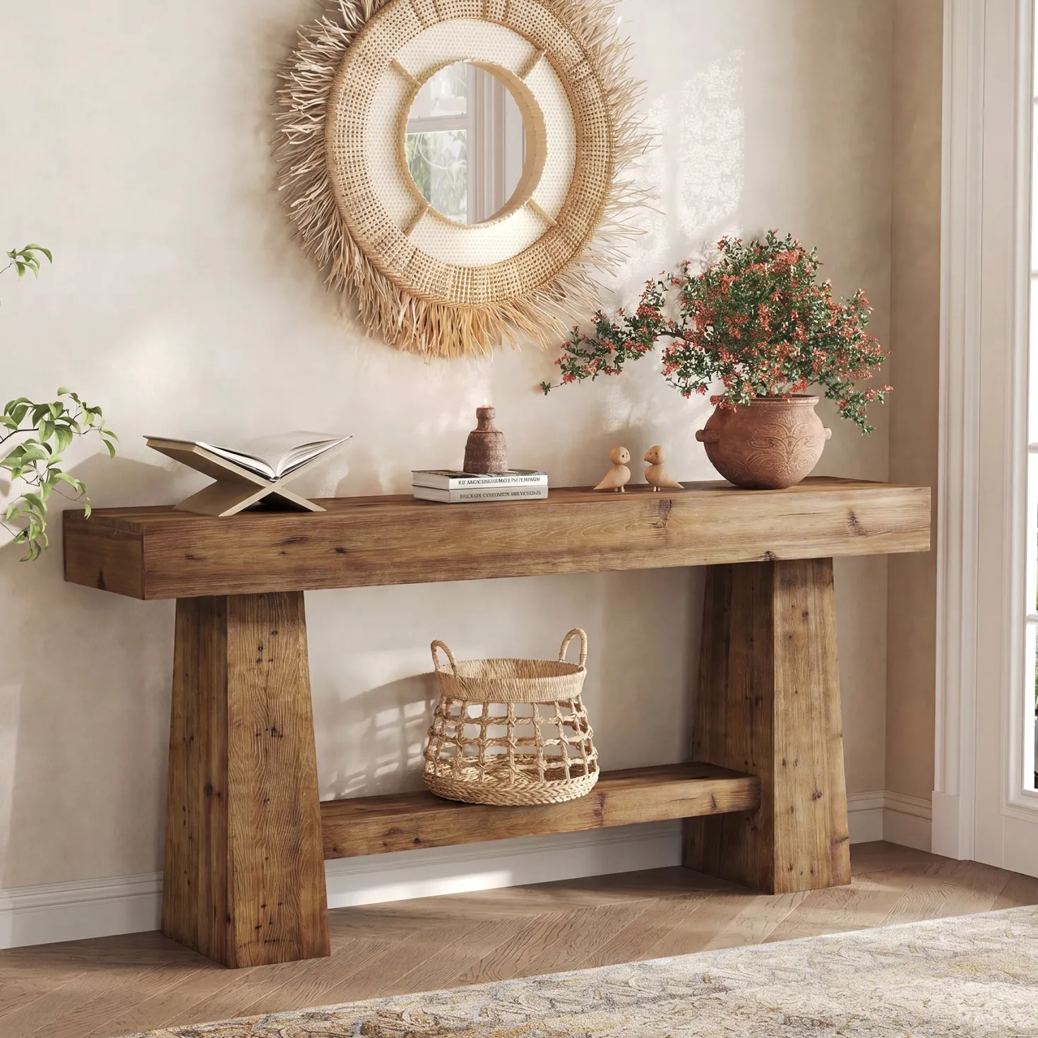 Solid Wood Console Table, 63" Wooden Entryway Sofa Table with Storage