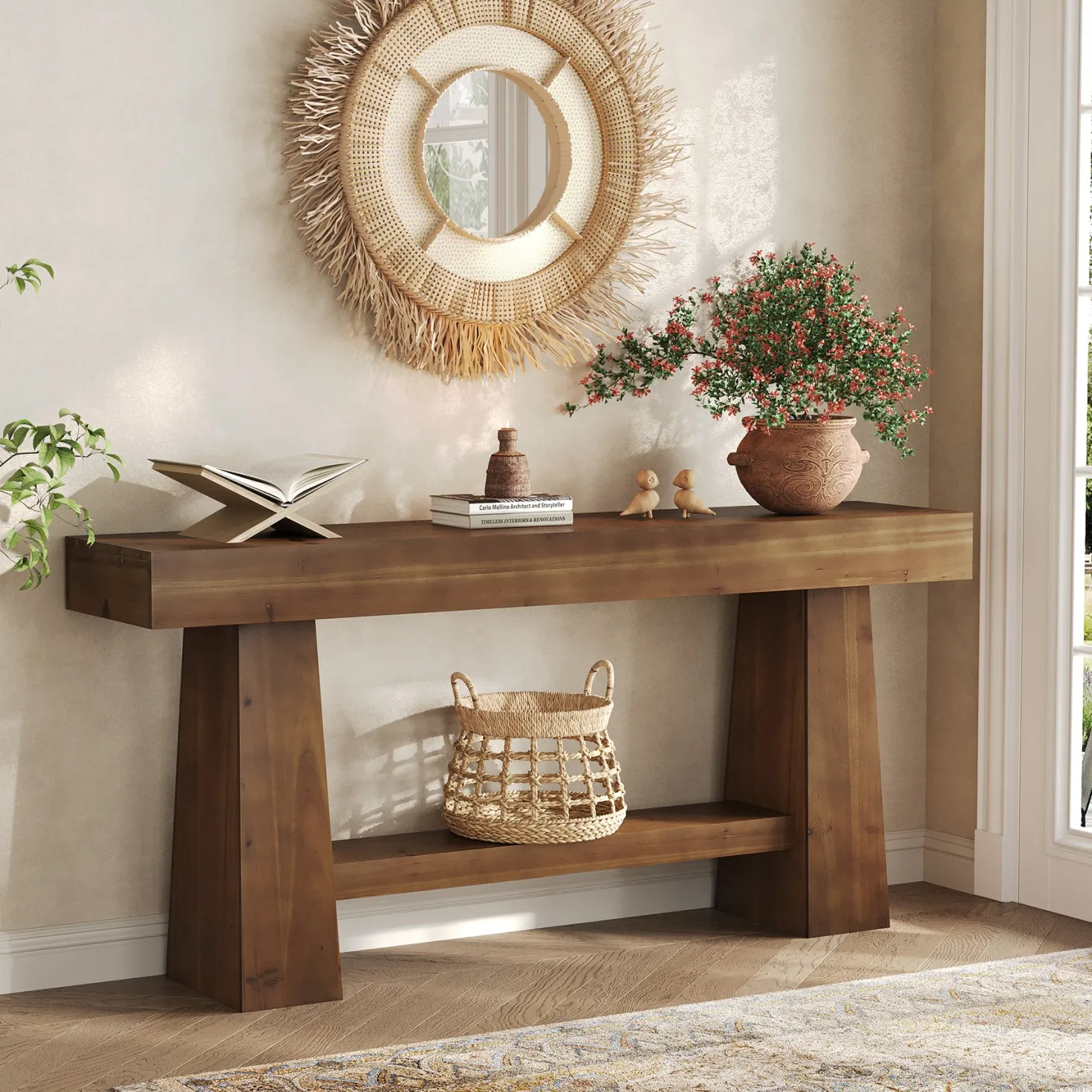 Solid Wood Console Table, 63" Wooden Entryway Sofa Table with Storage