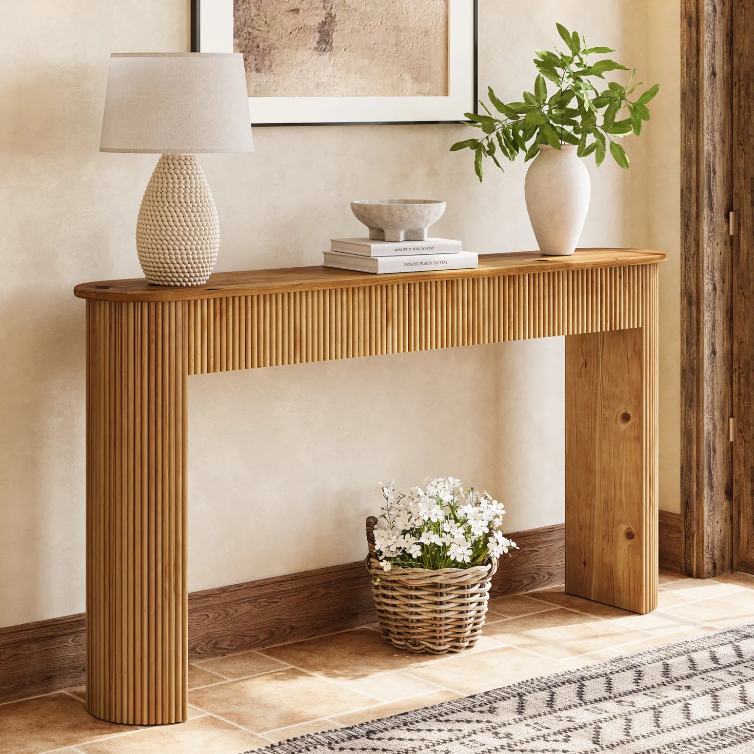 Solid Wood Console Table, 63" Retro Entryway Table with Vertical Fluted Stripes