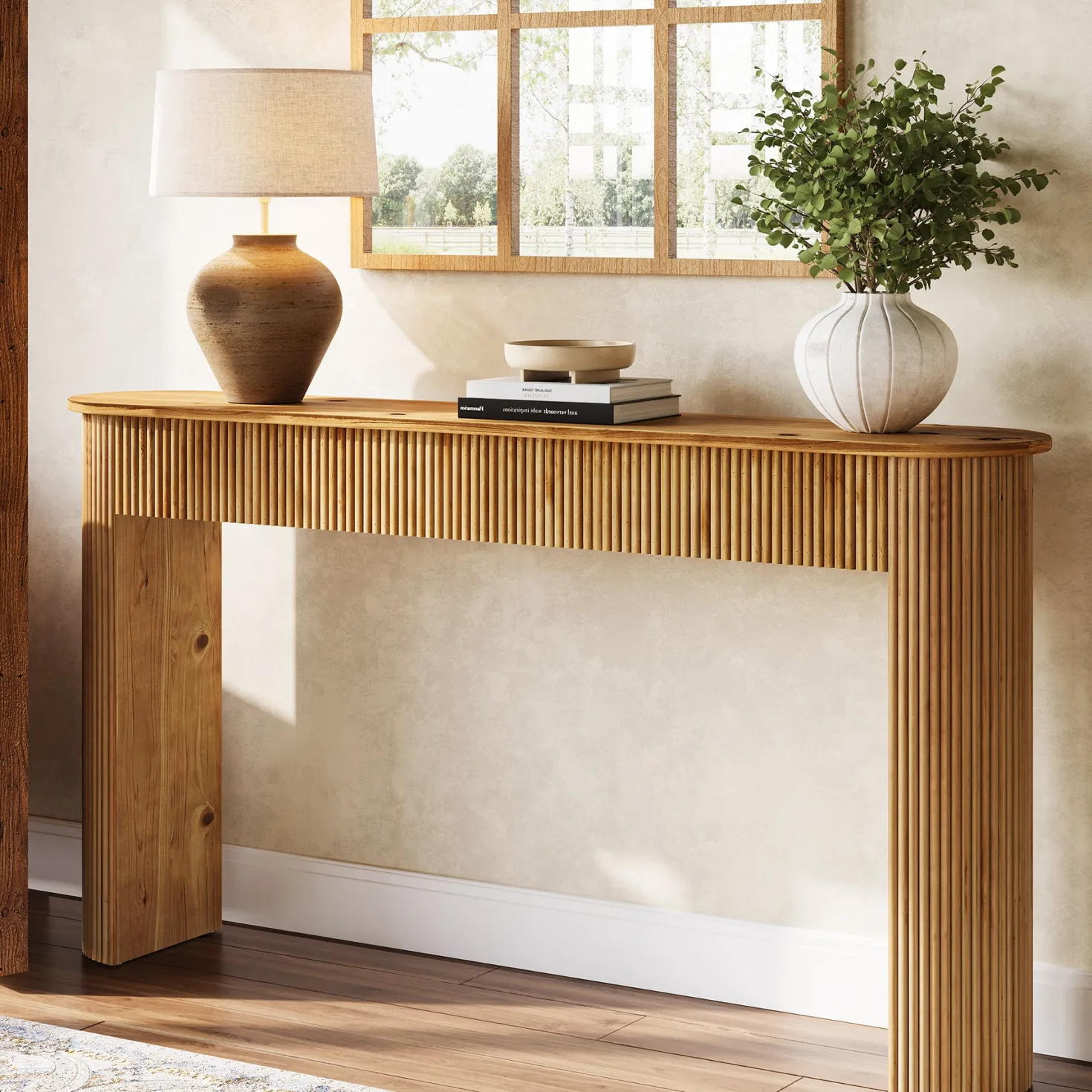 Solid Wood Console Table, 63" Retro Entryway Table with Vertical Fluted Stripes