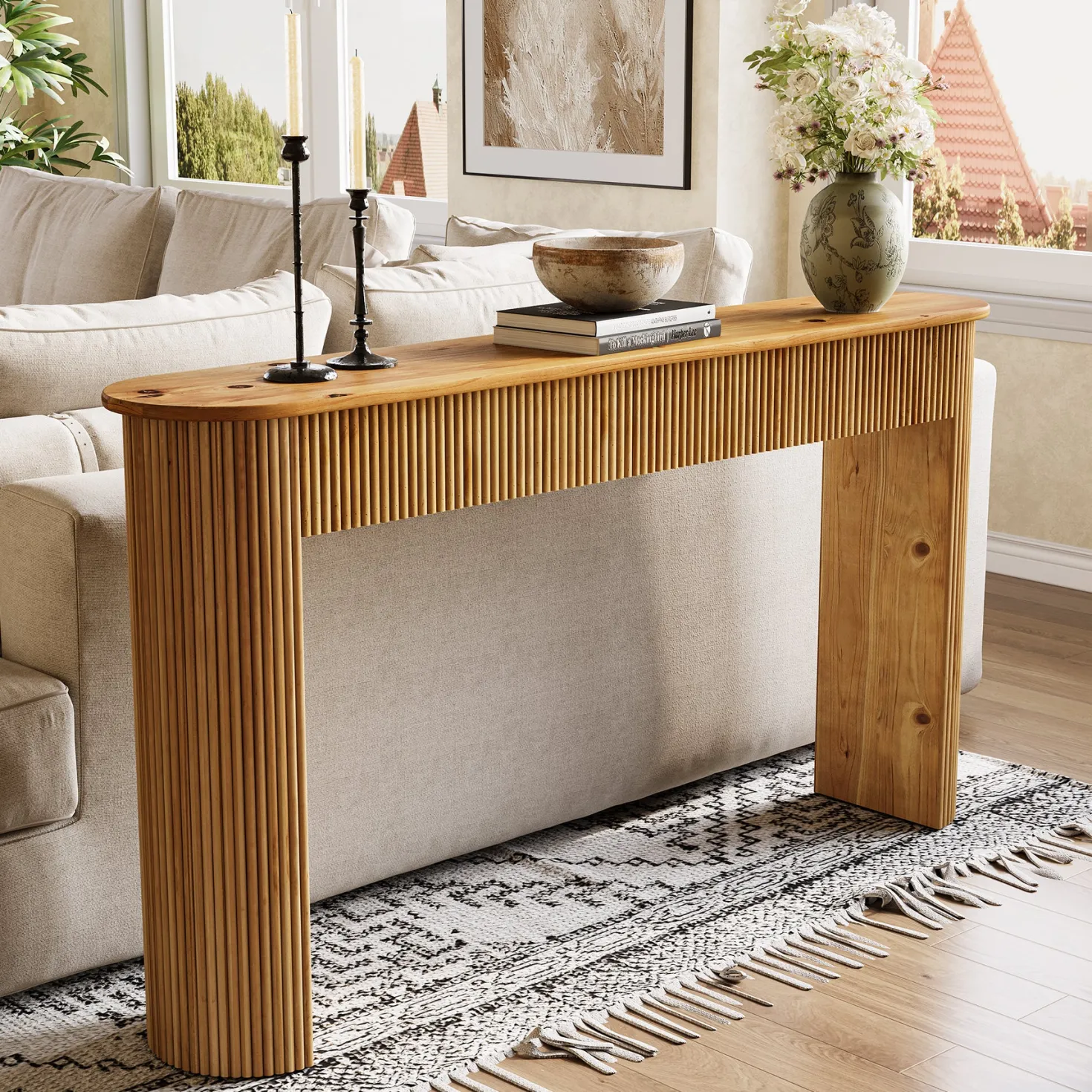 Solid Wood Console Table, 63" Retro Entryway Table with Vertical Fluted Stripes