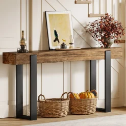 Solid Wood Console Table, 63" Entryway Sofa Table with Metal Legs