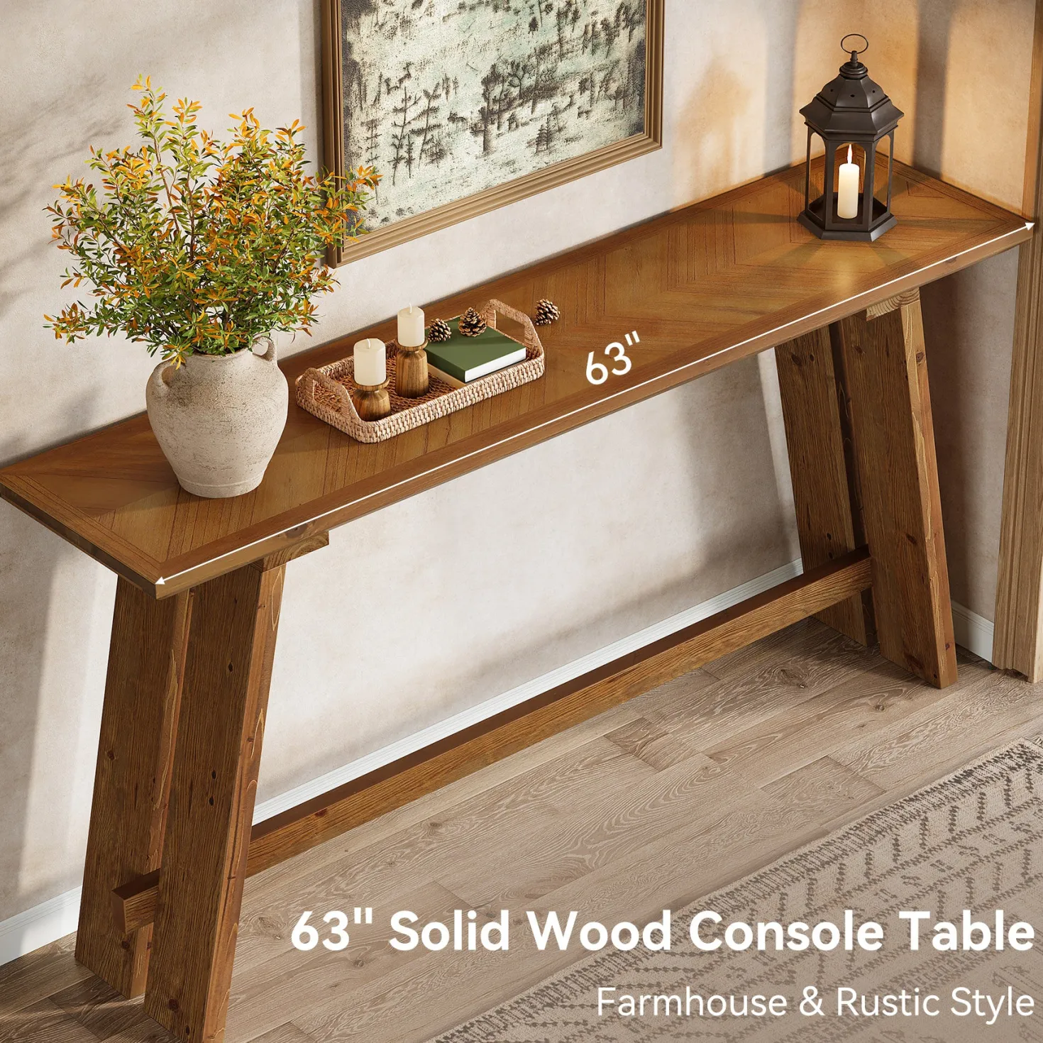Solid Wood Console Table, 63" Farmhouse Sofa Table Behind Couch