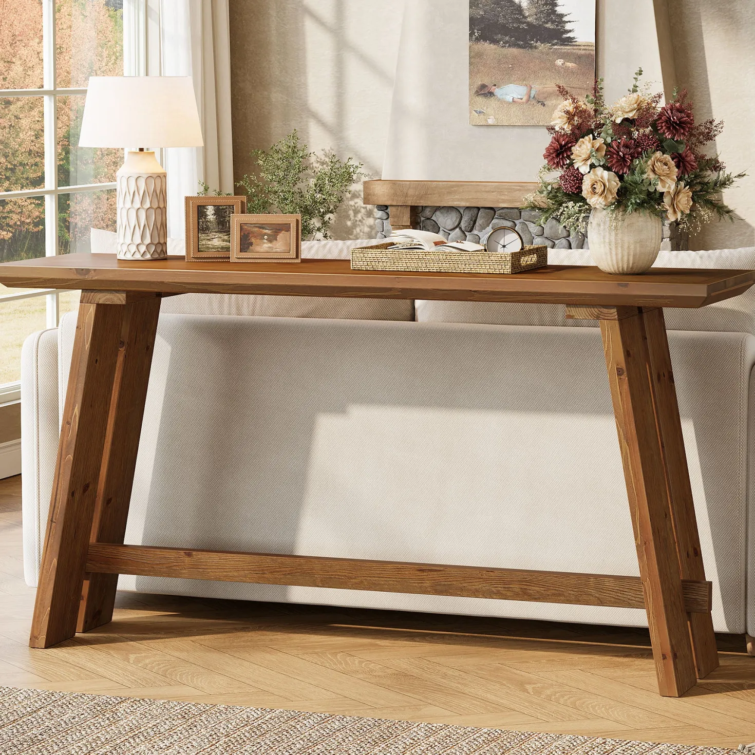Solid Wood Console Table, 63" Farmhouse Sofa Table Behind Couch