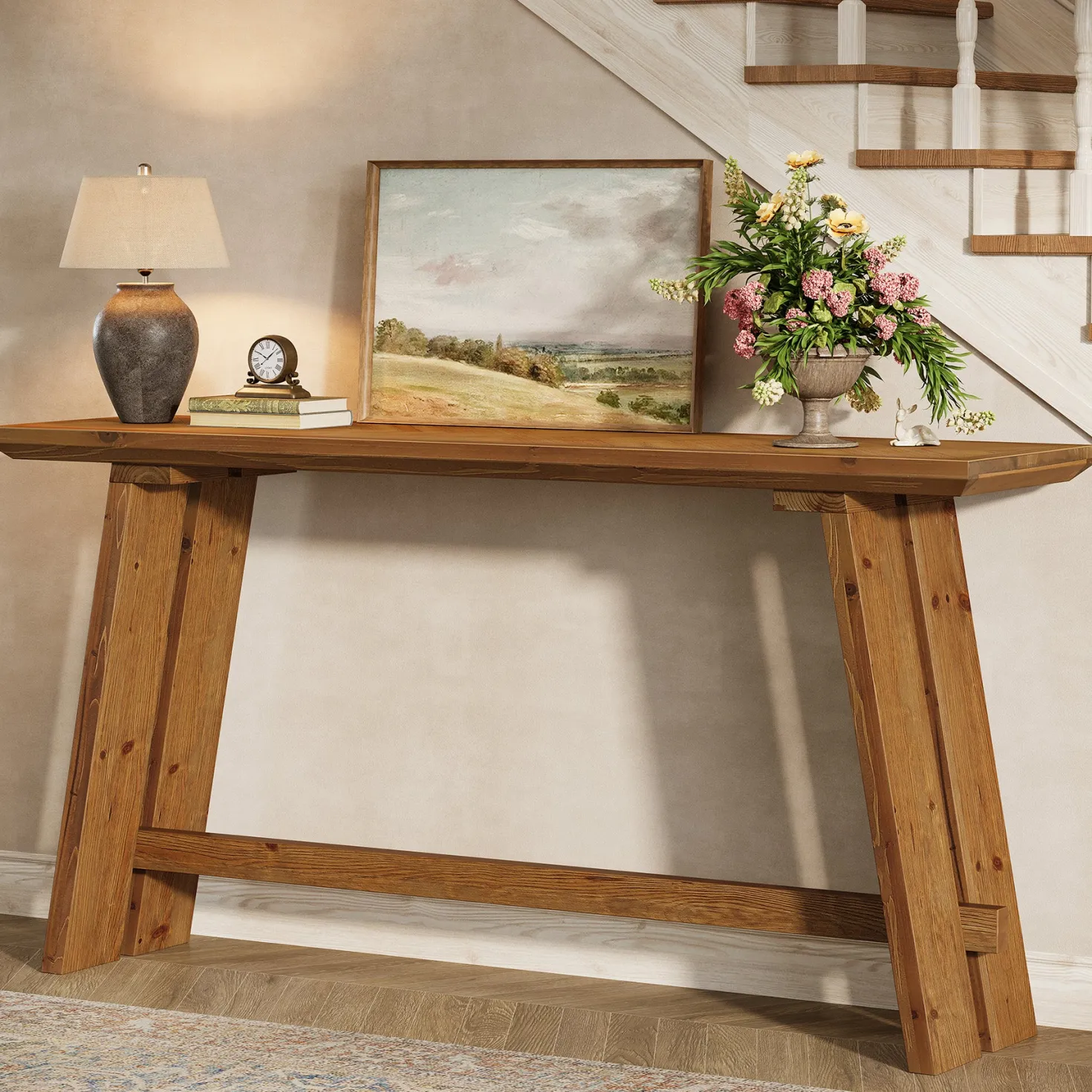 Solid Wood Console Table, 63" Farmhouse Sofa Table Behind Couch
