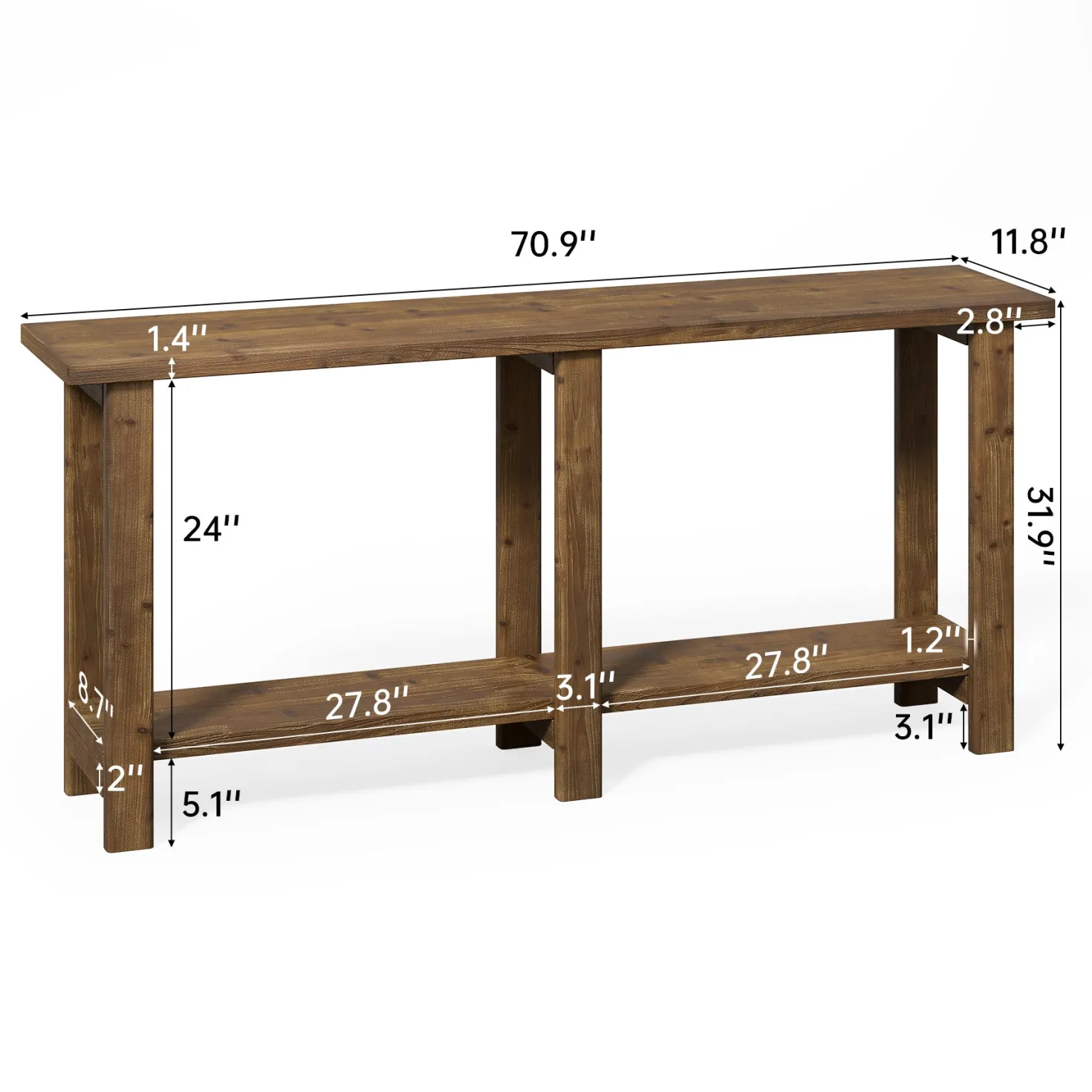 Solid Wood Console Table, 70.9" Sofa Table Behind Couch for Entryway