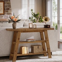 Solid Wood Console Table, 47.24" Farmhouse Entryway Table with 3-Tier Shelves