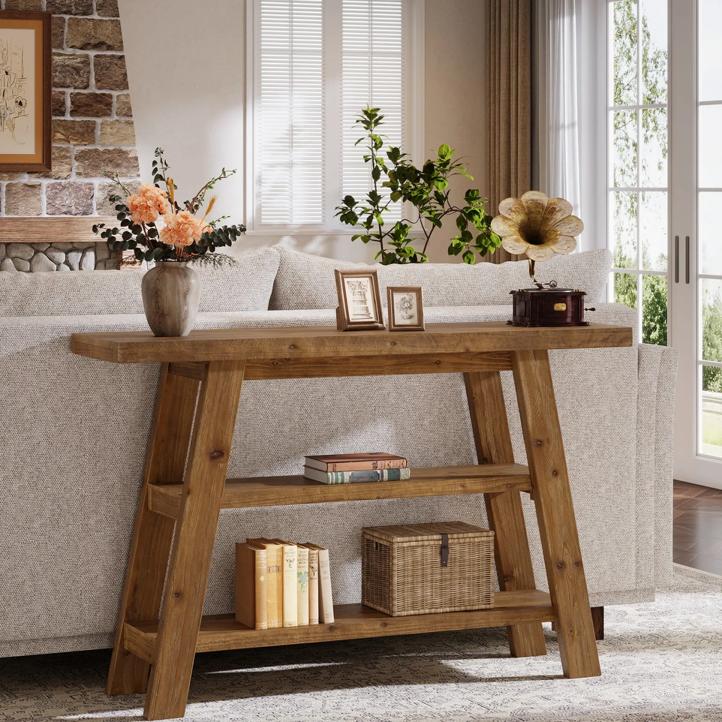 Solid Wood Console Table, 47.24" Farmhouse Entryway Table with 3-Tier Shelves