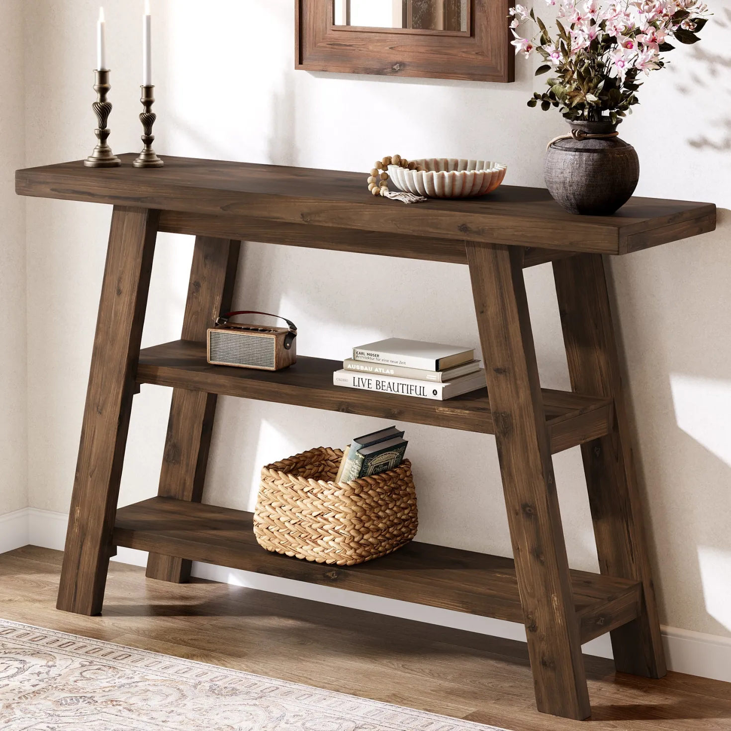 Solid Wood Console Table, 47.24" Farmhouse Entryway Table with 3-Tier Shelves
