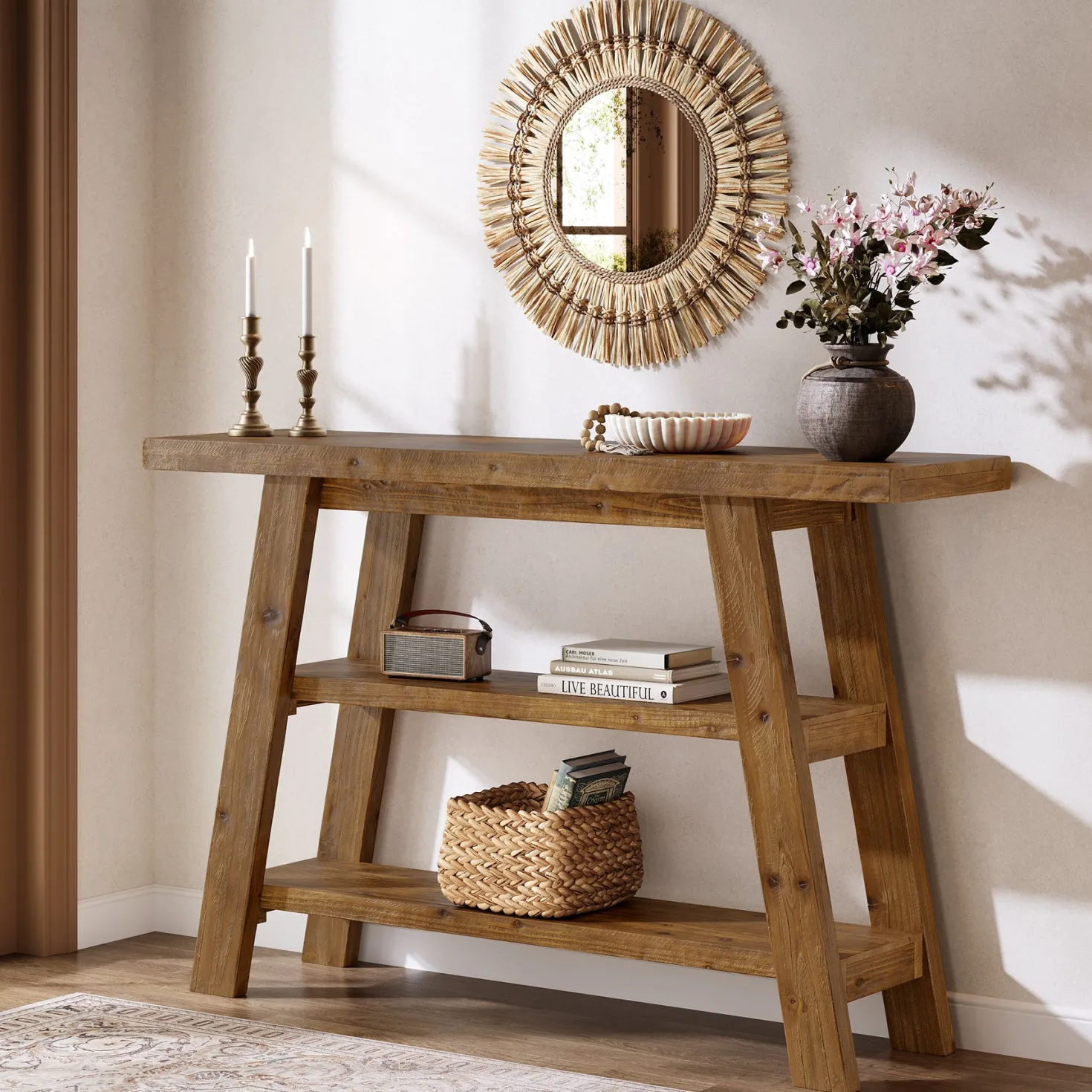 Solid Wood Console Table, 47.24" Farmhouse Entryway Table with 3-Tier Shelves
