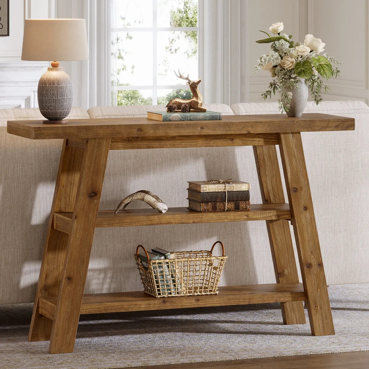 Solid Wood Console Table, 47.24" Farmhouse Entryway Table with 3-Tier Shelves