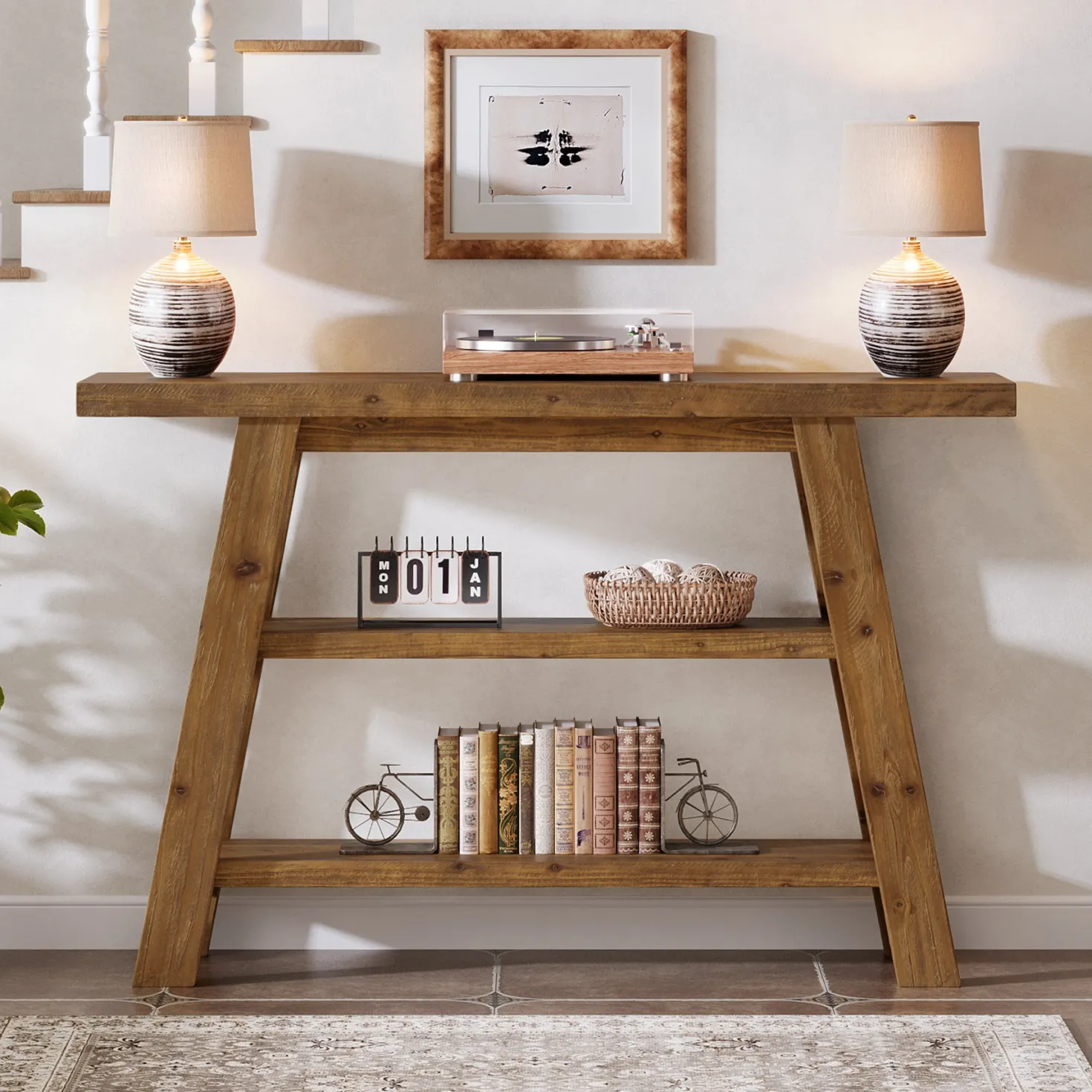 Solid Wood Console Table, 47.24" Farmhouse Entryway Table with 3-Tier Shelves